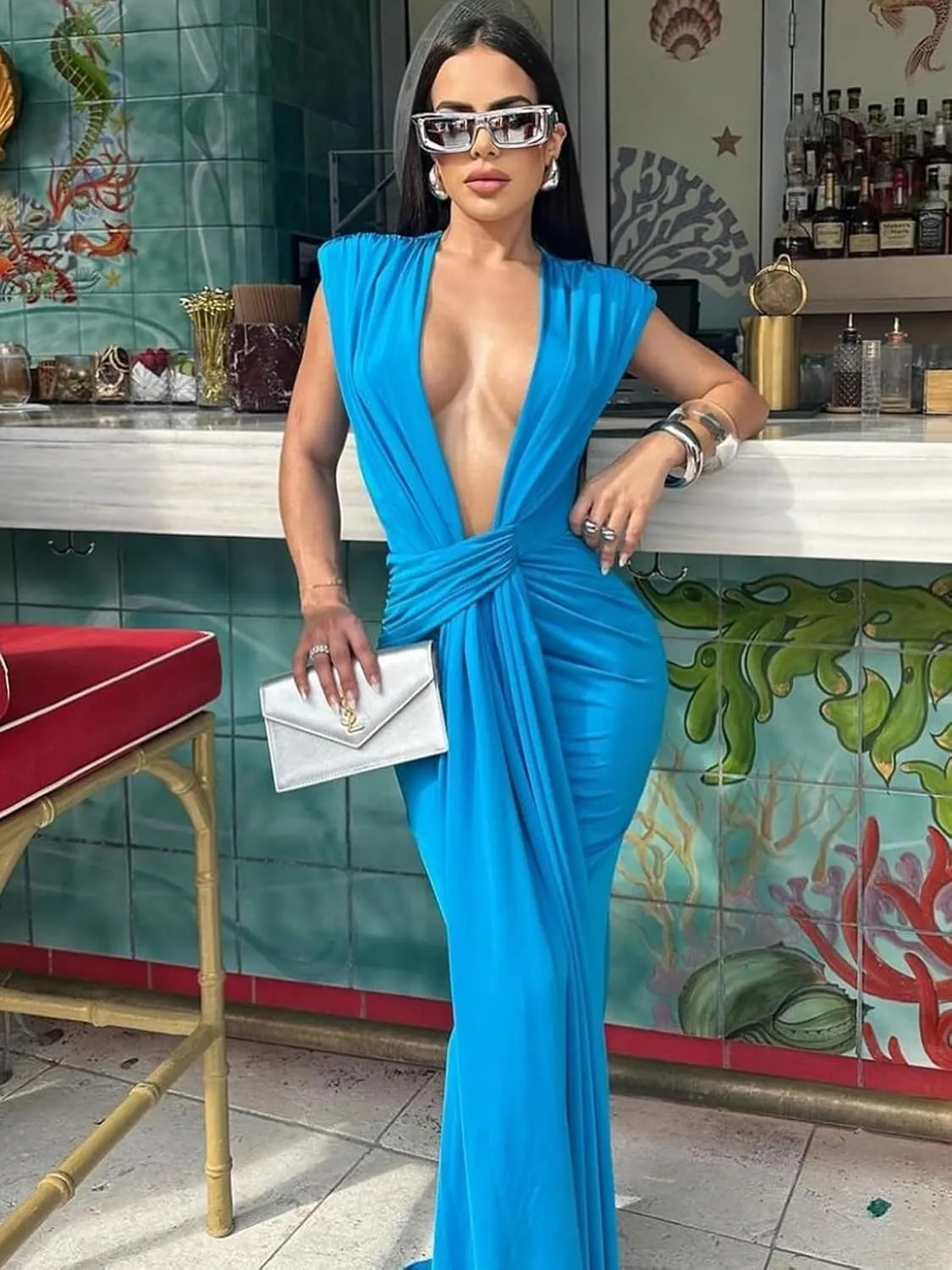 Ekaliy Elegant Bodycon Dresses for Women Deep V Neck Maxi Dress Mermaid Long Dress