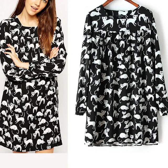 Elegant Long Sleeve Cat Dress