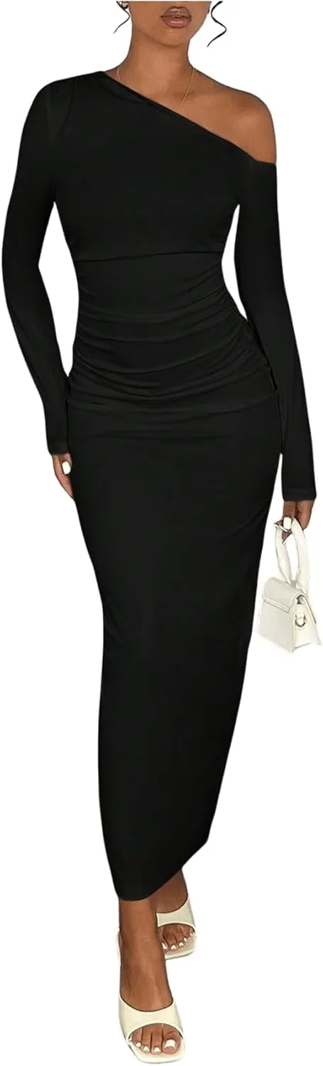 Floerns Women's Elegant Long Sleeve Tight Dress Asymmetrical Neck Bodycon Long Dress