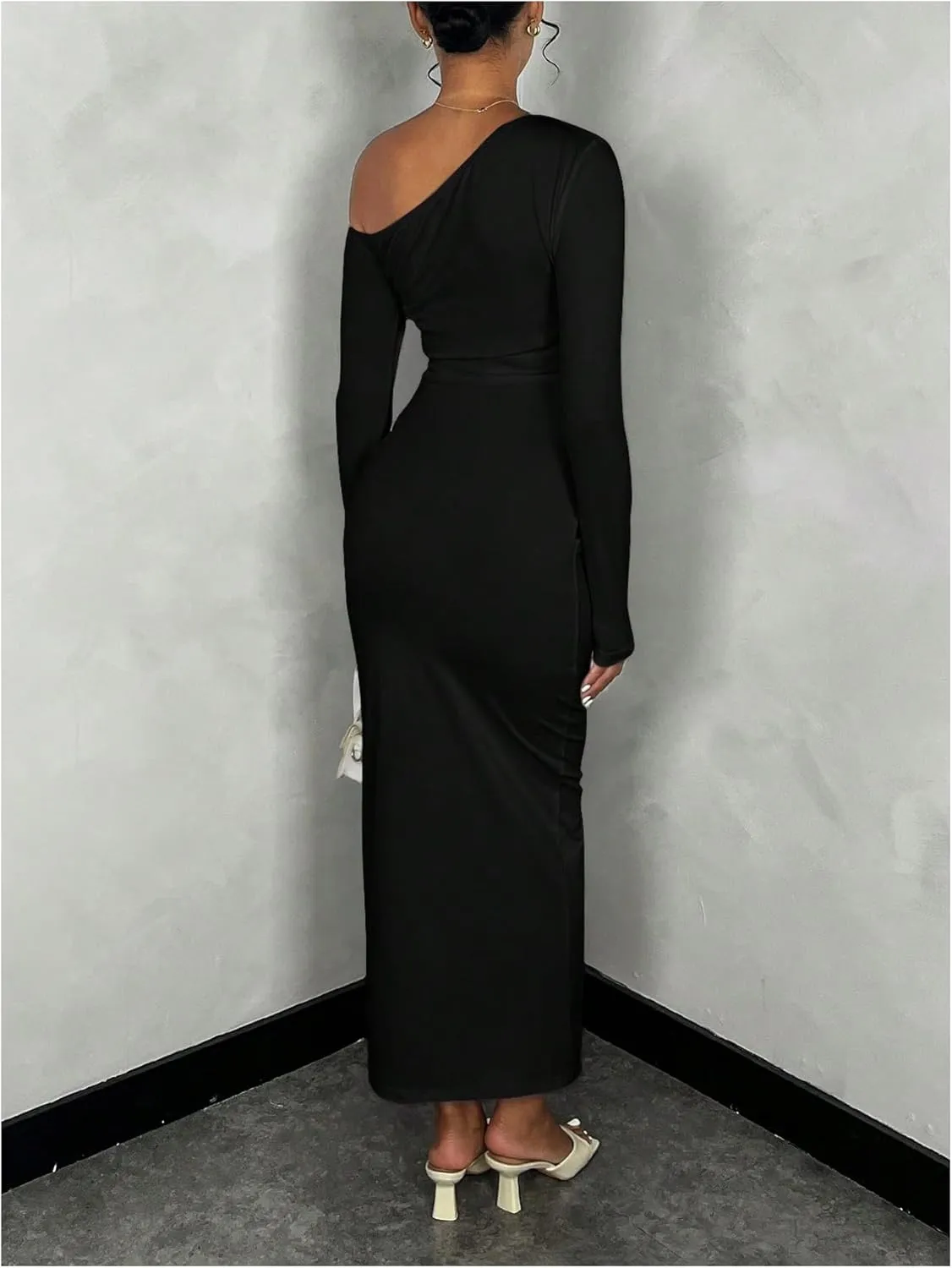 Floerns Women's Elegant Long Sleeve Tight Dress Asymmetrical Neck Bodycon Long Dress
