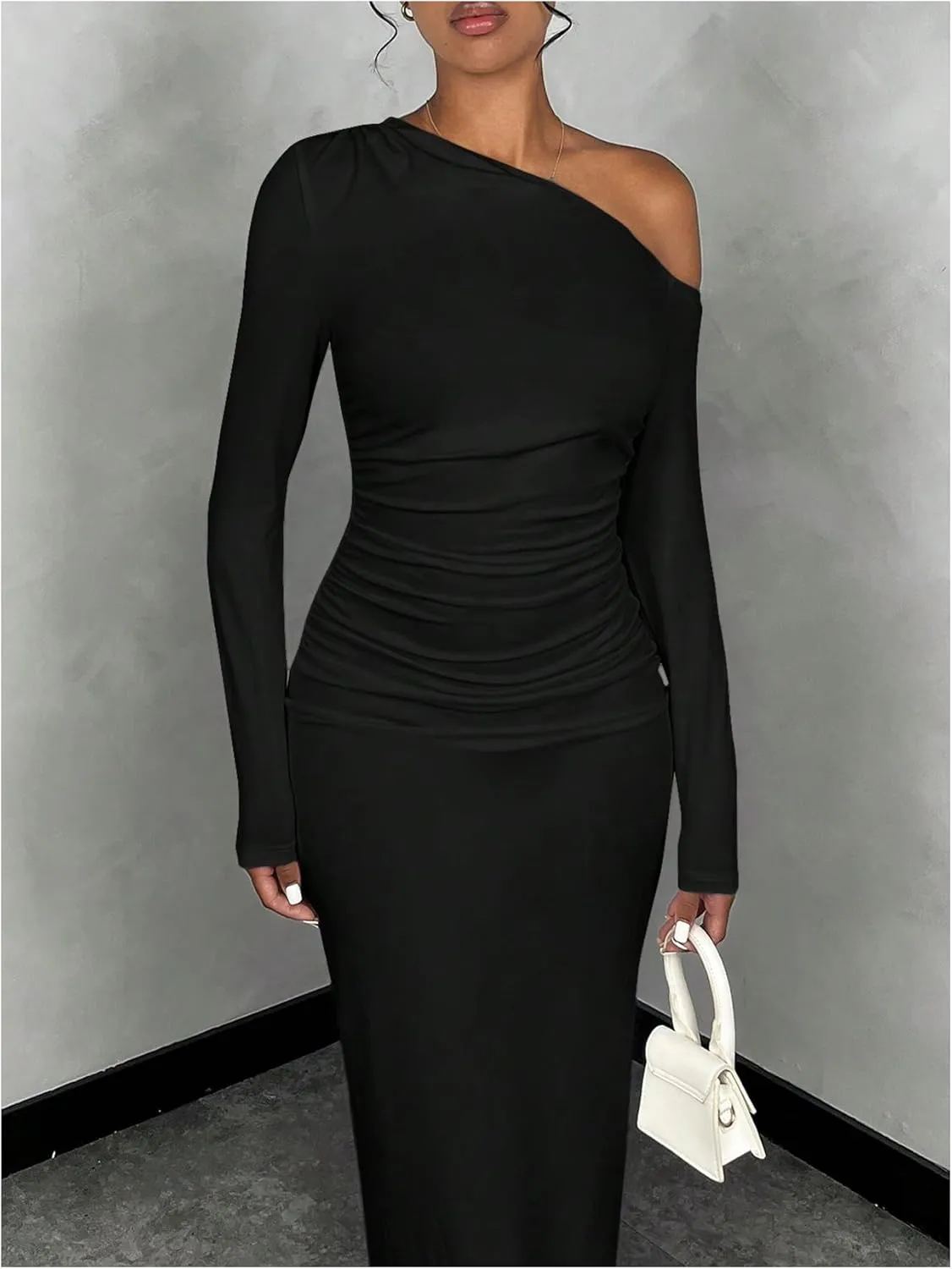 Floerns Women's Elegant Long Sleeve Tight Dress Asymmetrical Neck Bodycon Long Dress