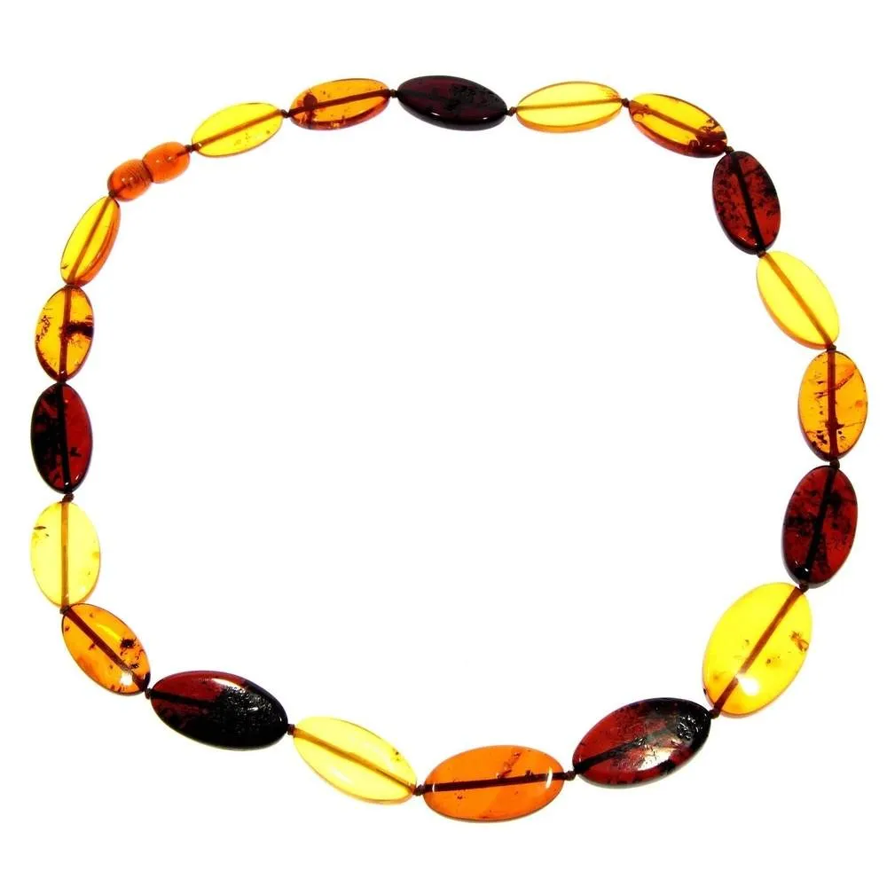 Genuine Mixed Baltic Amber Flat Oval Olive Beads Luxurious Necklace - NE0175