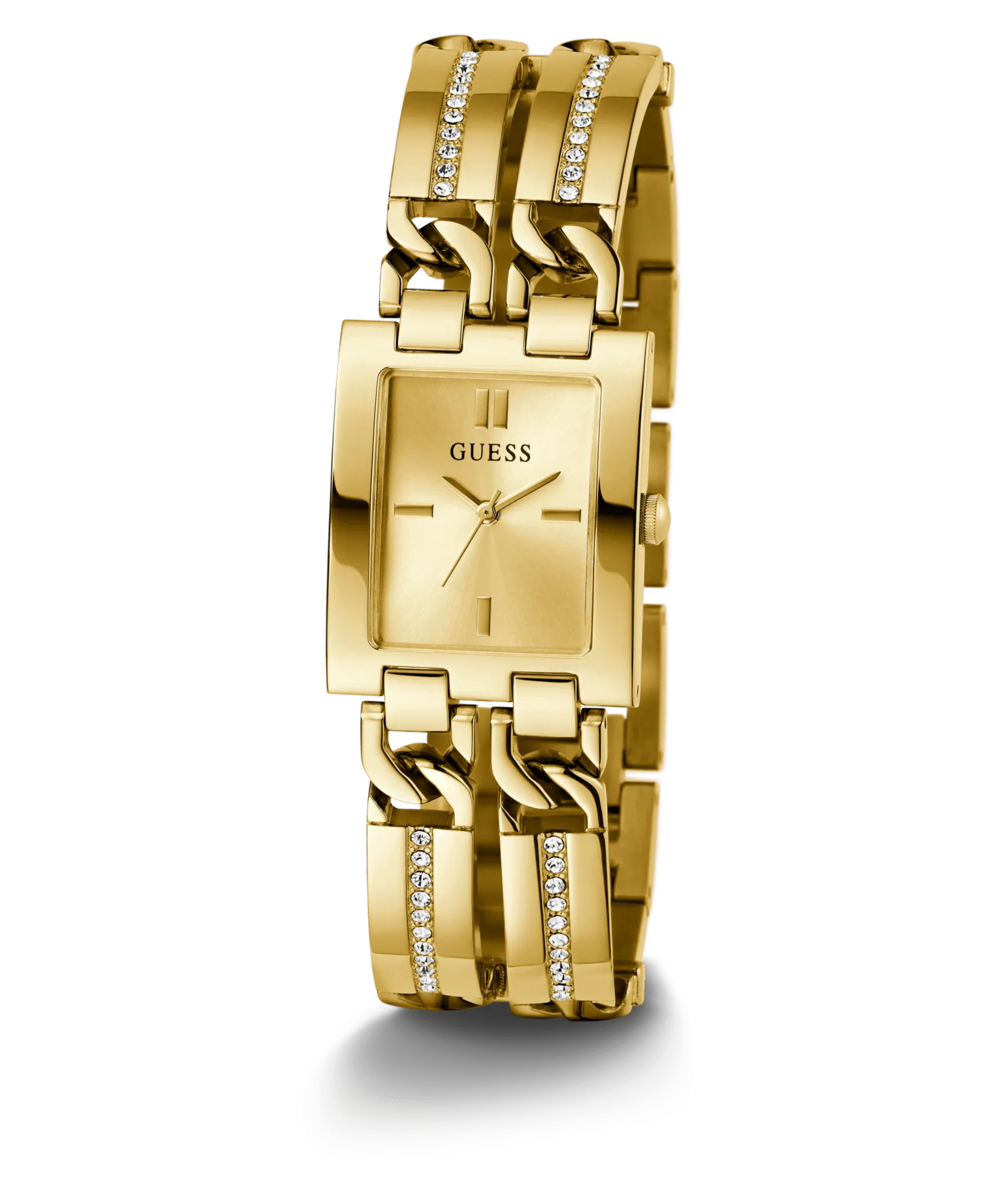 Guess Mod Id Polished Gold Tone Case Sunray Champagne Dial And Polished Gold Tone Bracelet With Crystals And Adjustable G Links GW0668L2