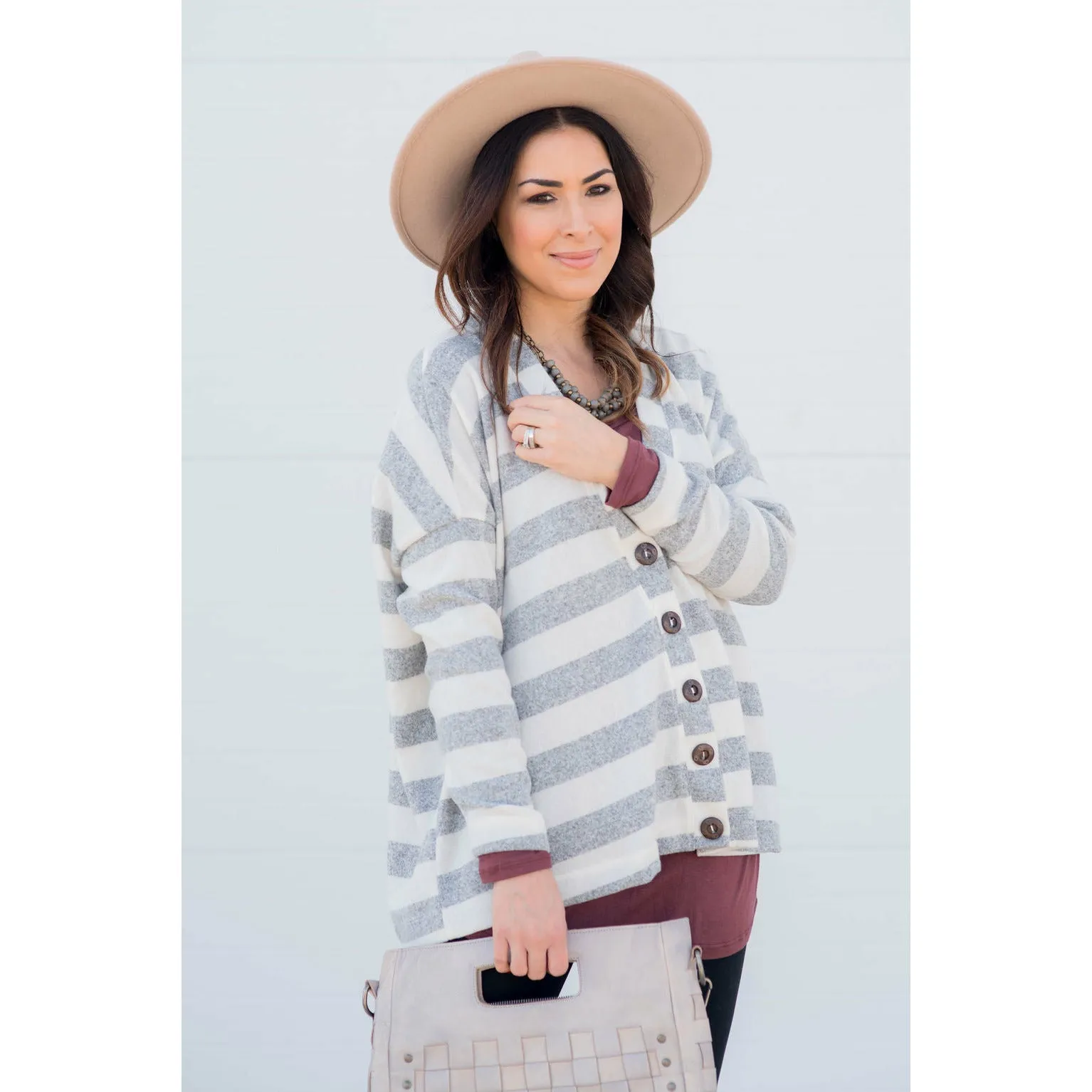 Heathered Striped Button Cardigan