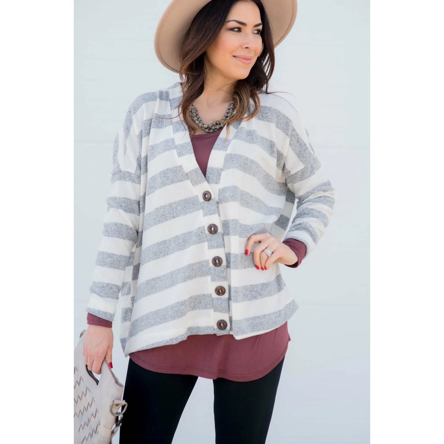 Heathered Striped Button Cardigan