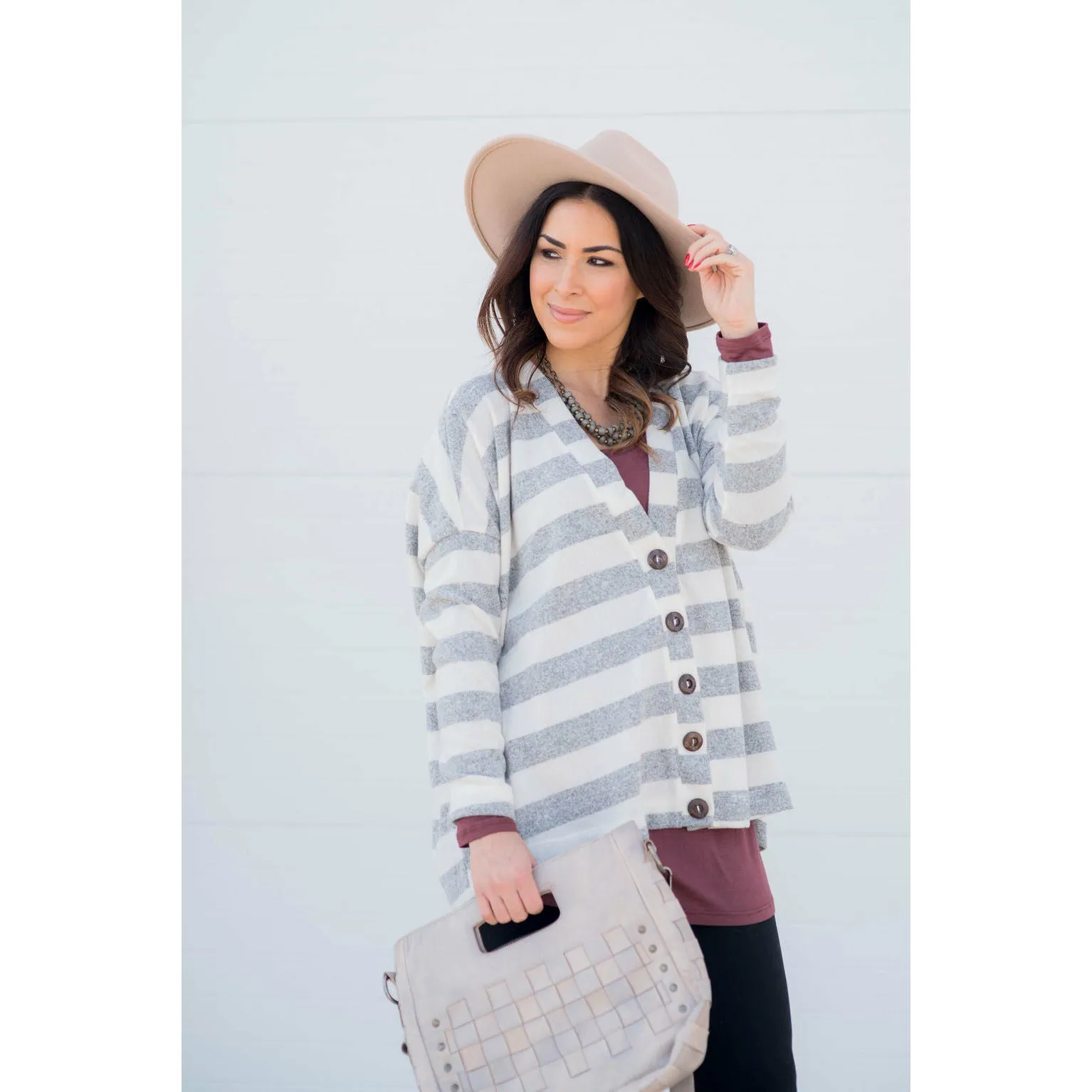 Heathered Striped Button Cardigan