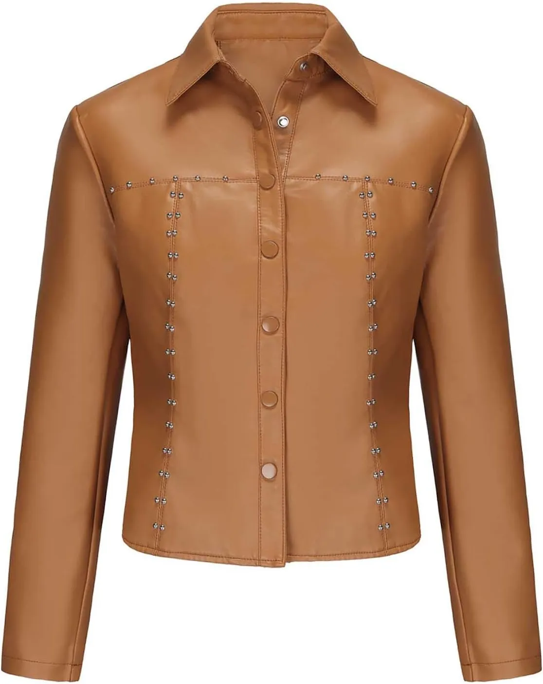 HGps8w Women's Punk Rivets Cropped Faux Leather Jacket, Chic Lapel Button Down Casual PU Moto Bike Coat Outwear