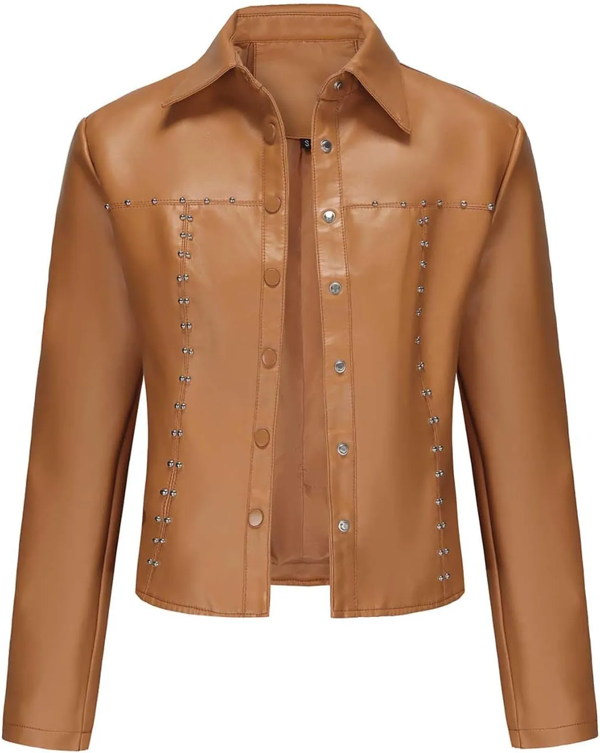 HGps8w Women's Punk Rivets Cropped Faux Leather Jacket, Chic Lapel Button Down Casual PU Moto Bike Coat Outwear