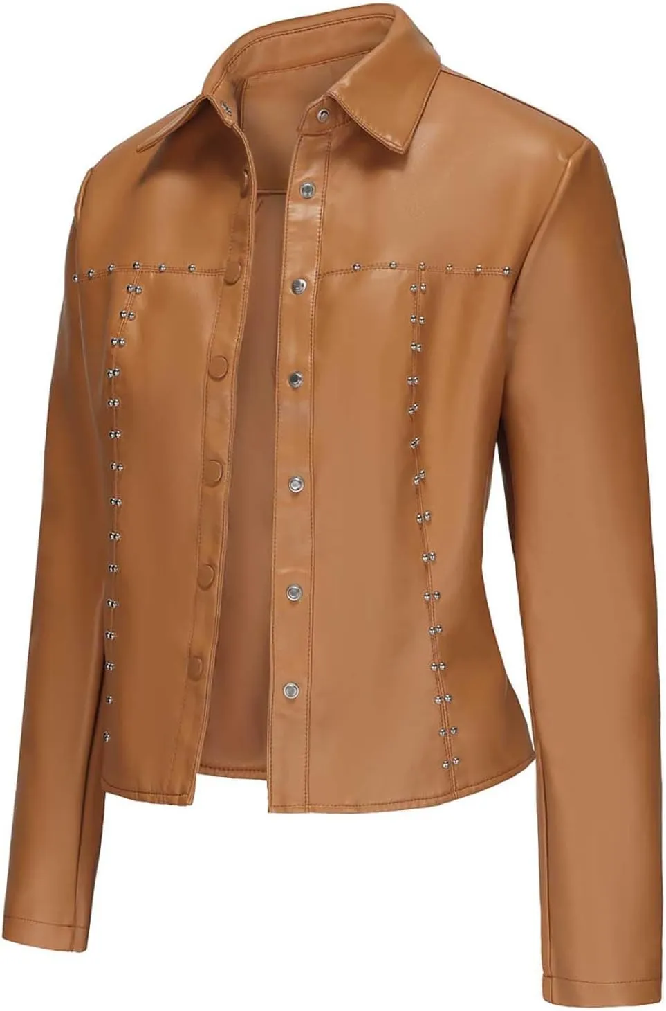 HGps8w Women's Punk Rivets Cropped Faux Leather Jacket, Chic Lapel Button Down Casual PU Moto Bike Coat Outwear