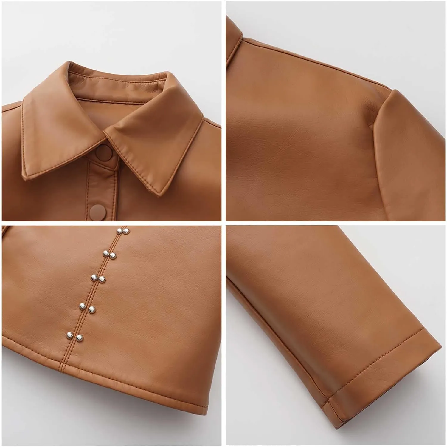 HGps8w Women's Punk Rivets Cropped Faux Leather Jacket, Chic Lapel Button Down Casual PU Moto Bike Coat Outwear