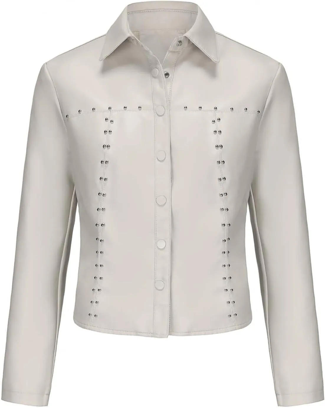 HGps8w Women's Punk Rivets Cropped Faux Leather Jacket, Chic Lapel Button Down Casual PU Moto Bike Coat Outwear