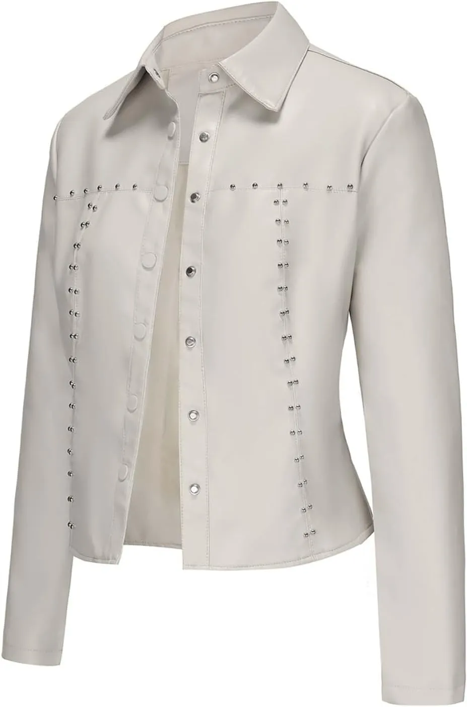 HGps8w Women's Punk Rivets Cropped Faux Leather Jacket, Chic Lapel Button Down Casual PU Moto Bike Coat Outwear