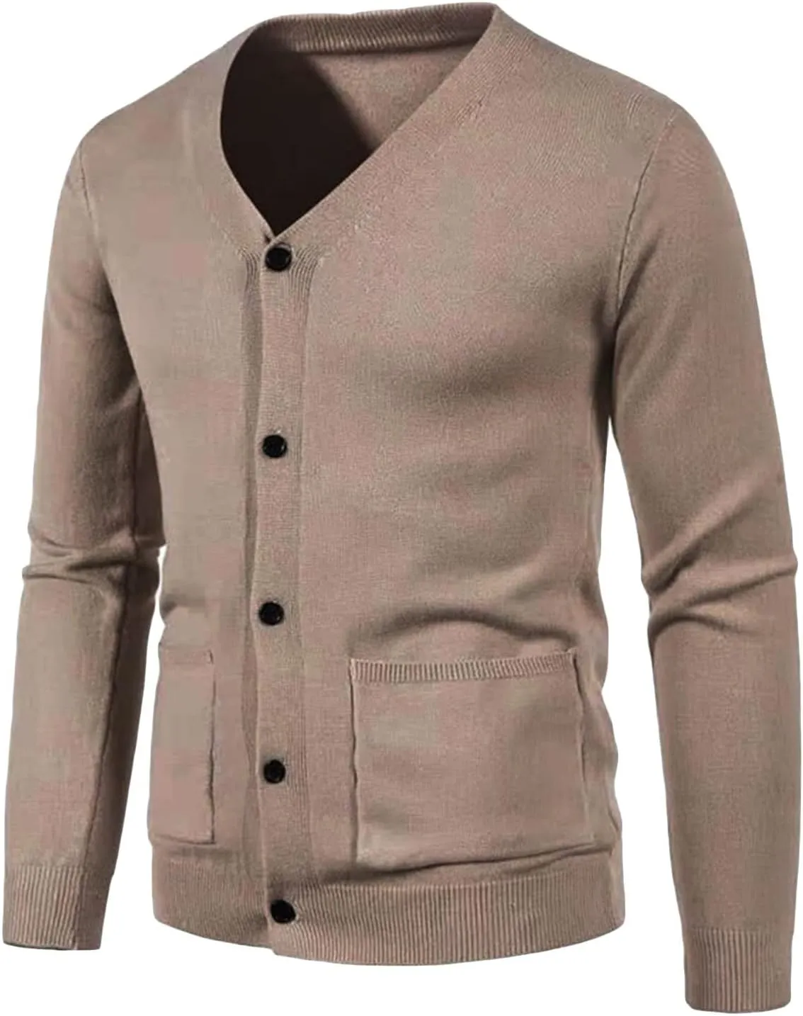JEShifangjiusu Men's Cotton Cardigan Sweater Button Down V Neck Basic Knitted Sweater Lightweight Loose Fit Cardigan Overcoat, Light Brown, Medium