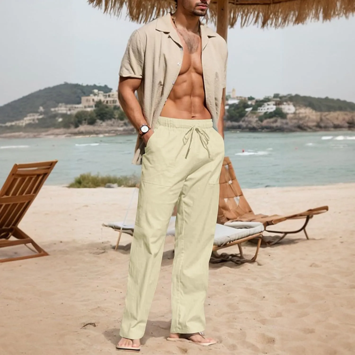 lcyhony Linen Pants Men Summer Casual Elastic Waist Drawstring Beach Pant Relaxed Fit Yoga Travel Lounge Pants with Pockets