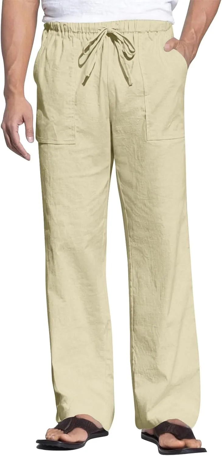 lcyhony Linen Pants Men Summer Casual Elastic Waist Drawstring Beach Pant Relaxed Fit Yoga Travel Lounge Pants with Pockets