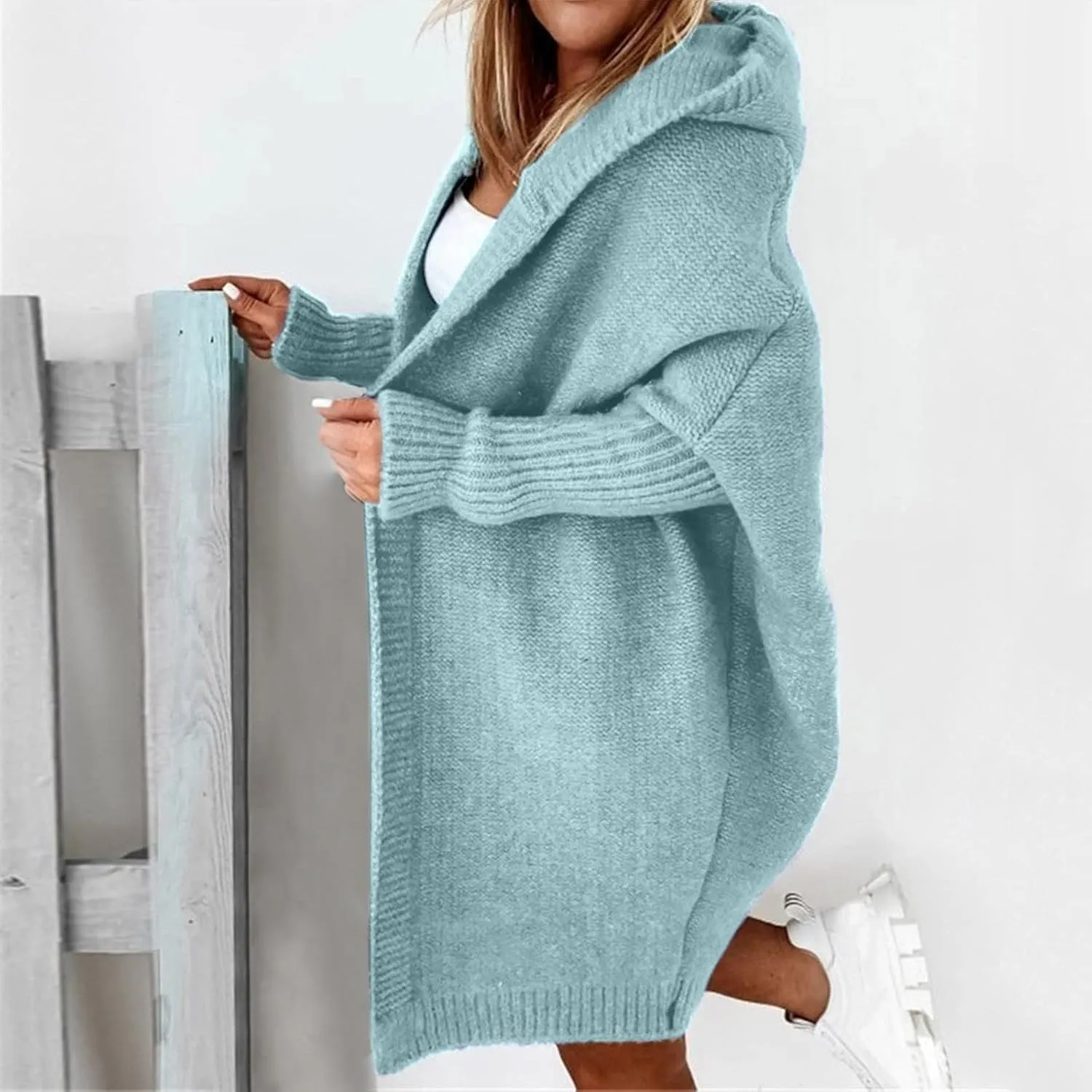 Light Weight Cardigan Women Open Front Knit Long Batwing Sleeve Sweater Chunky Cable Boho Pockets Coat