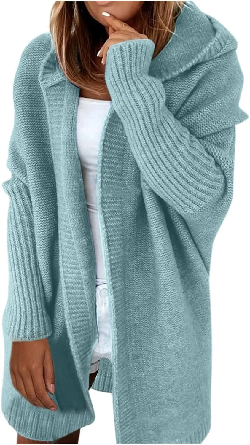 Light Weight Cardigan Women Open Front Knit Long Batwing Sleeve Sweater Chunky Cable Boho Pockets Coat