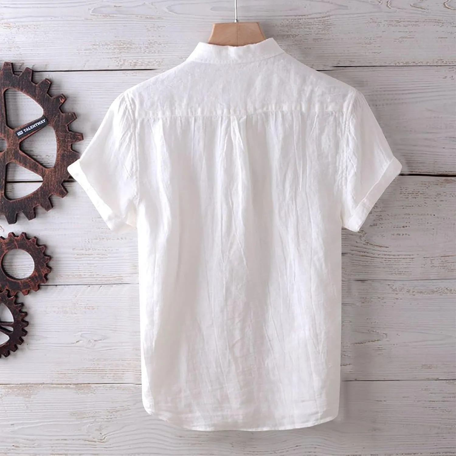 Linen Shirts for Men Retro Wrinkled Breathable Button Down Short Sleeve Tops Lightweight Loose Fit Summer Beach Shirt