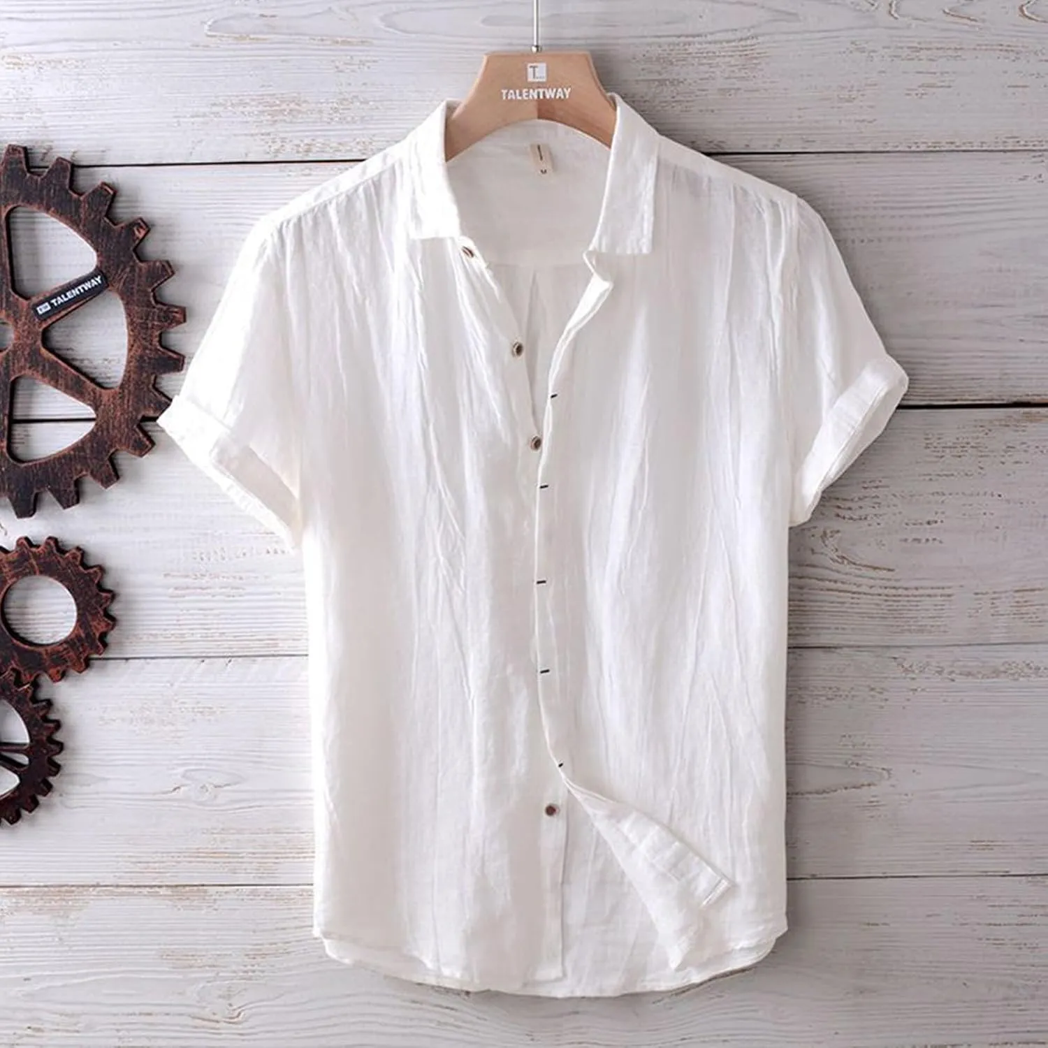 Linen Shirts for Men Retro Wrinkled Breathable Button Down Short Sleeve Tops Lightweight Loose Fit Summer Beach Shirt