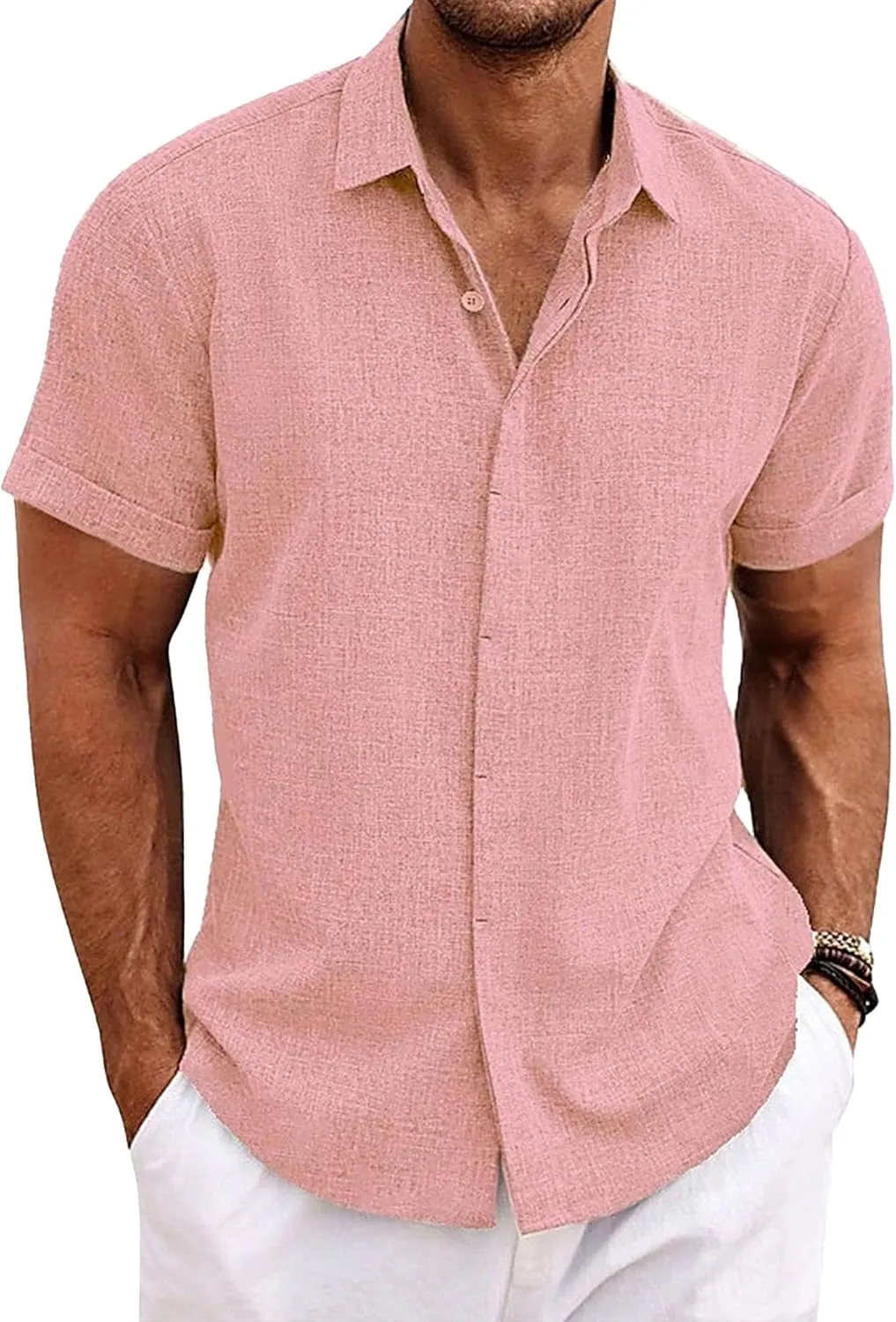 Maiyifu-GJ Mens Casual Button Down Shirts Summer Short Sleeve Cotton Linen Shirts Lightweight Breathable Business Dress Shirt