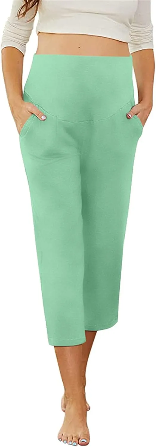 Maternity Capris Leggings for Women High Waist Capri Pants with Pockets Casual Stretchy Comfy Lounge Yoga Leggings