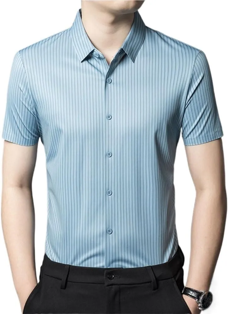 Mens Casual Shirts Short Sleeve Striped Lapel Dress Shirt Breathable Comfortable Lightweight Summer Top for Men