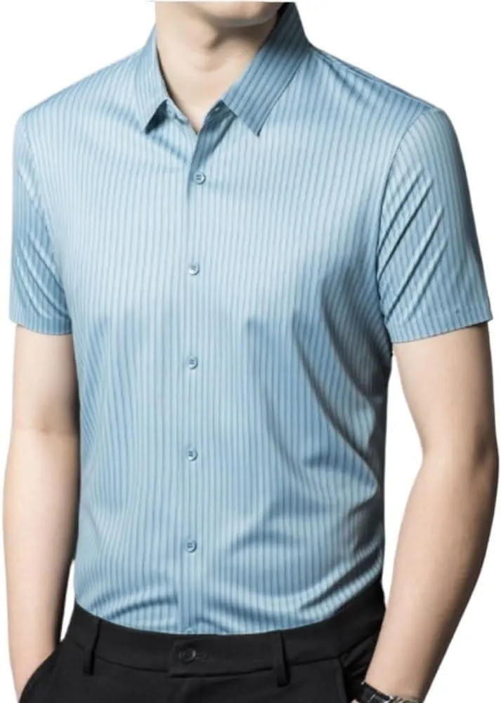 Mens Casual Shirts Short Sleeve Striped Lapel Dress Shirt Breathable Comfortable Lightweight Summer Top for Men