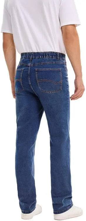 Men's Elastic Waist Jeans Stretch High Waisted Denim Jean Pants with Zipper and Button