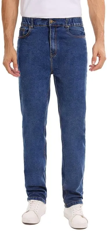 Men's Elastic Waist Jeans Stretch High Waisted Denim Jean Pants with Zipper and Button