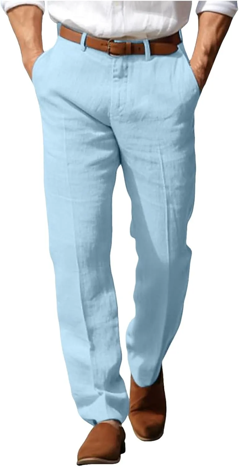 Men's Linen Cotton Dress Pants Summer Breathable Lightweight Trousers Straight Leg Casual Beach Yoga Pants Pockets