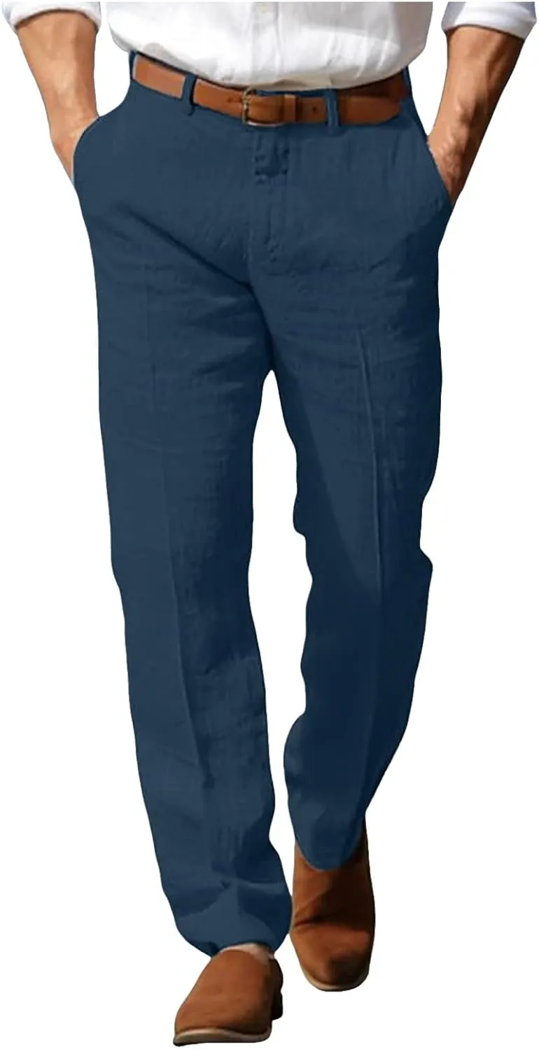 Men's Linen Cotton Dress Pants Summer Breathable Lightweight Trousers Straight Leg Casual Beach Yoga Pants Pockets