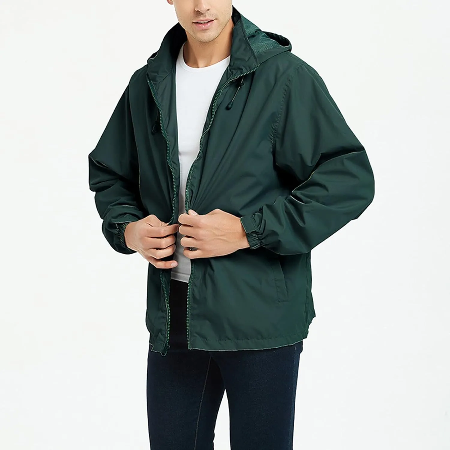 Mens Rain Jacket Mesh Breathable Lightweight Raincoat Waterproof with Removable Hood Windbreaker Travel Hiking Jacket