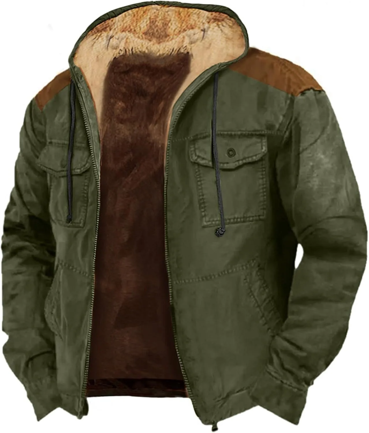 Mens Retro Fleece Lined Hooded Jackets Sherpa Thicken Winter Hoodies Full Zip Long Sleeve Soft Warm Coat with Pockets