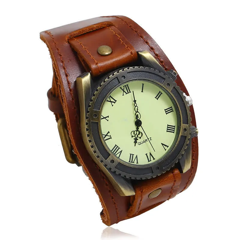 Men's Roman Numerals Gear Cuff Leather Watch