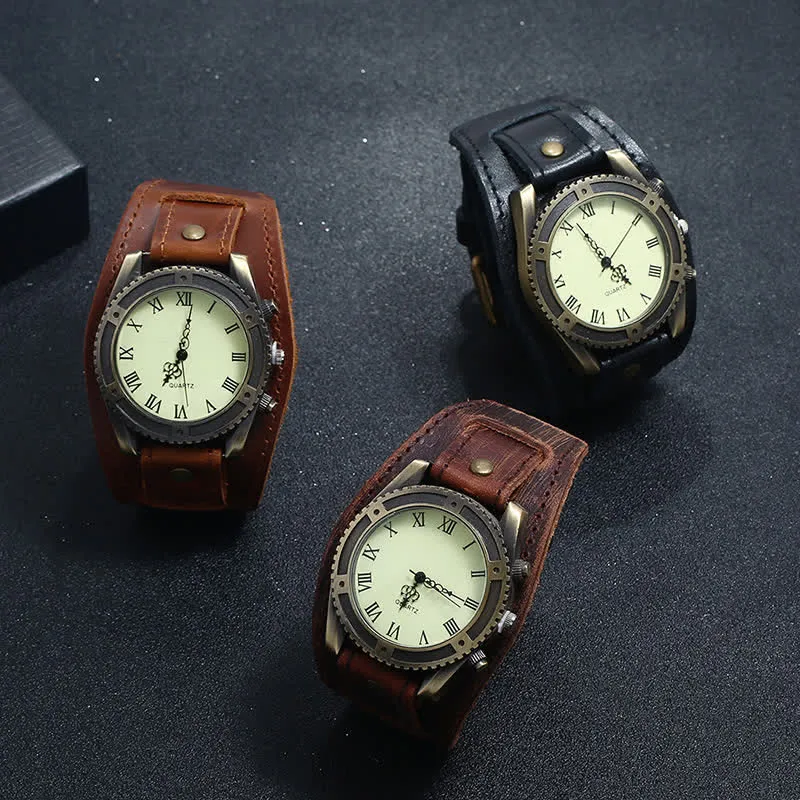 Men's Roman Numerals Gear Cuff Leather Watch