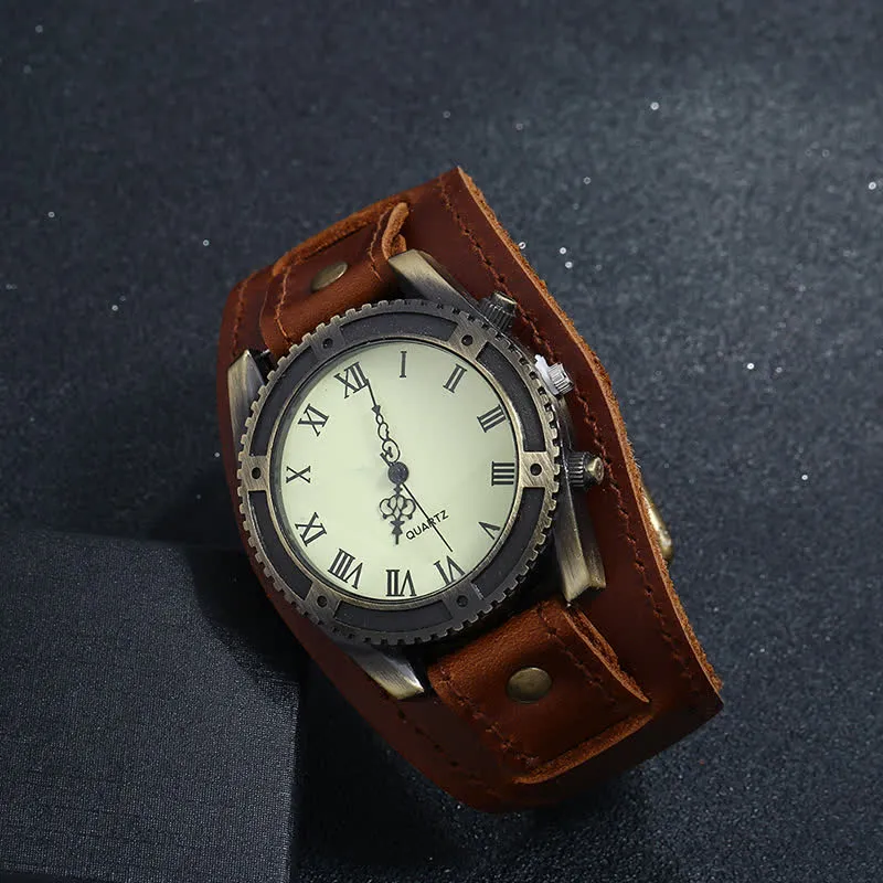 Men's Roman Numerals Gear Cuff Leather Watch