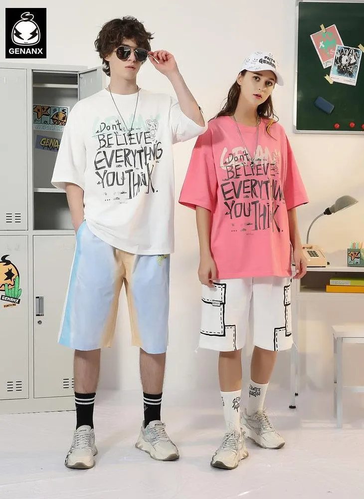 Minimalist Letter Print Cartoon Color Block T-Shirt