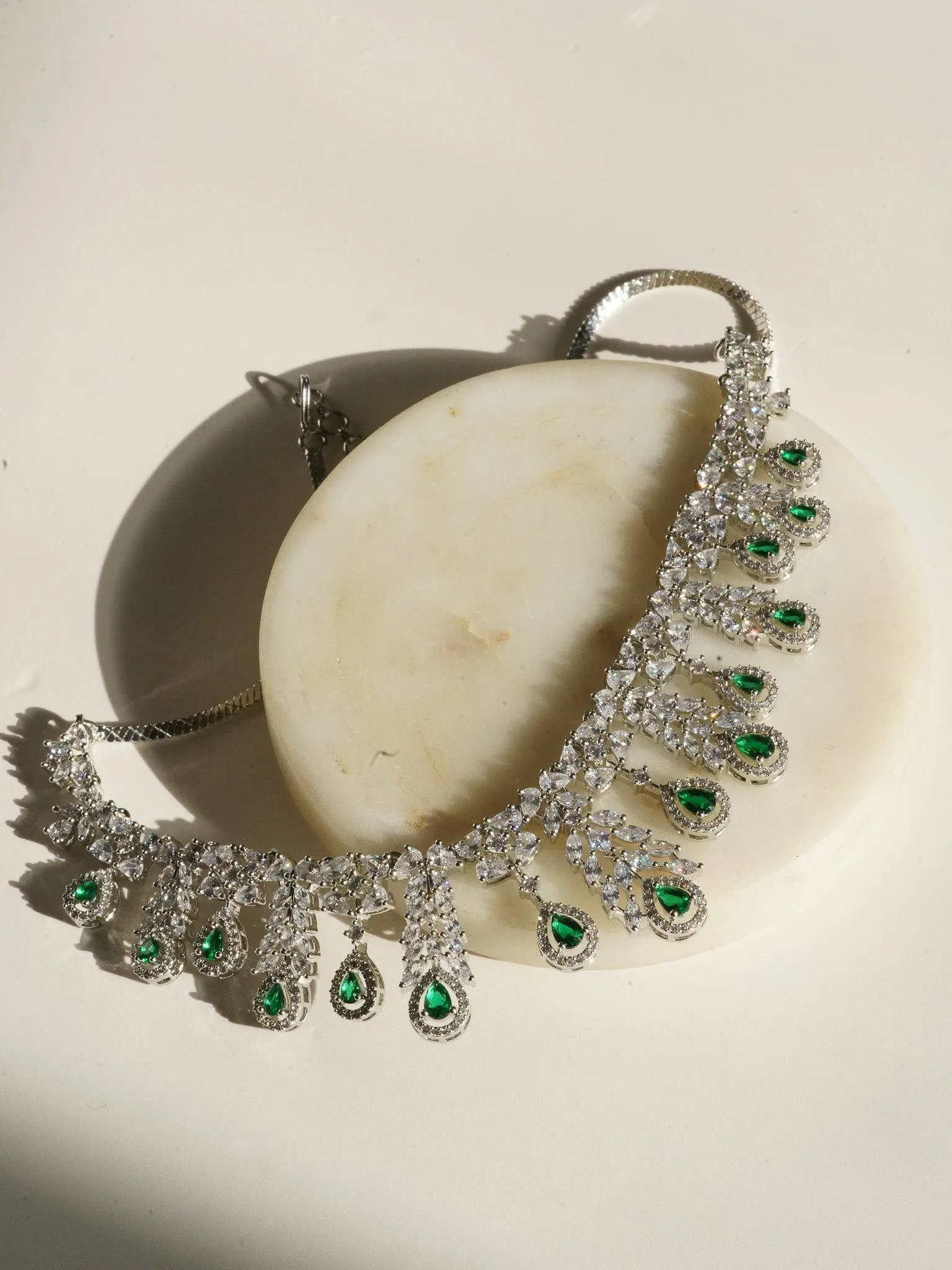 Nazia - Rhodium Plated Floral AD Necklace Set With Dangler Earrings