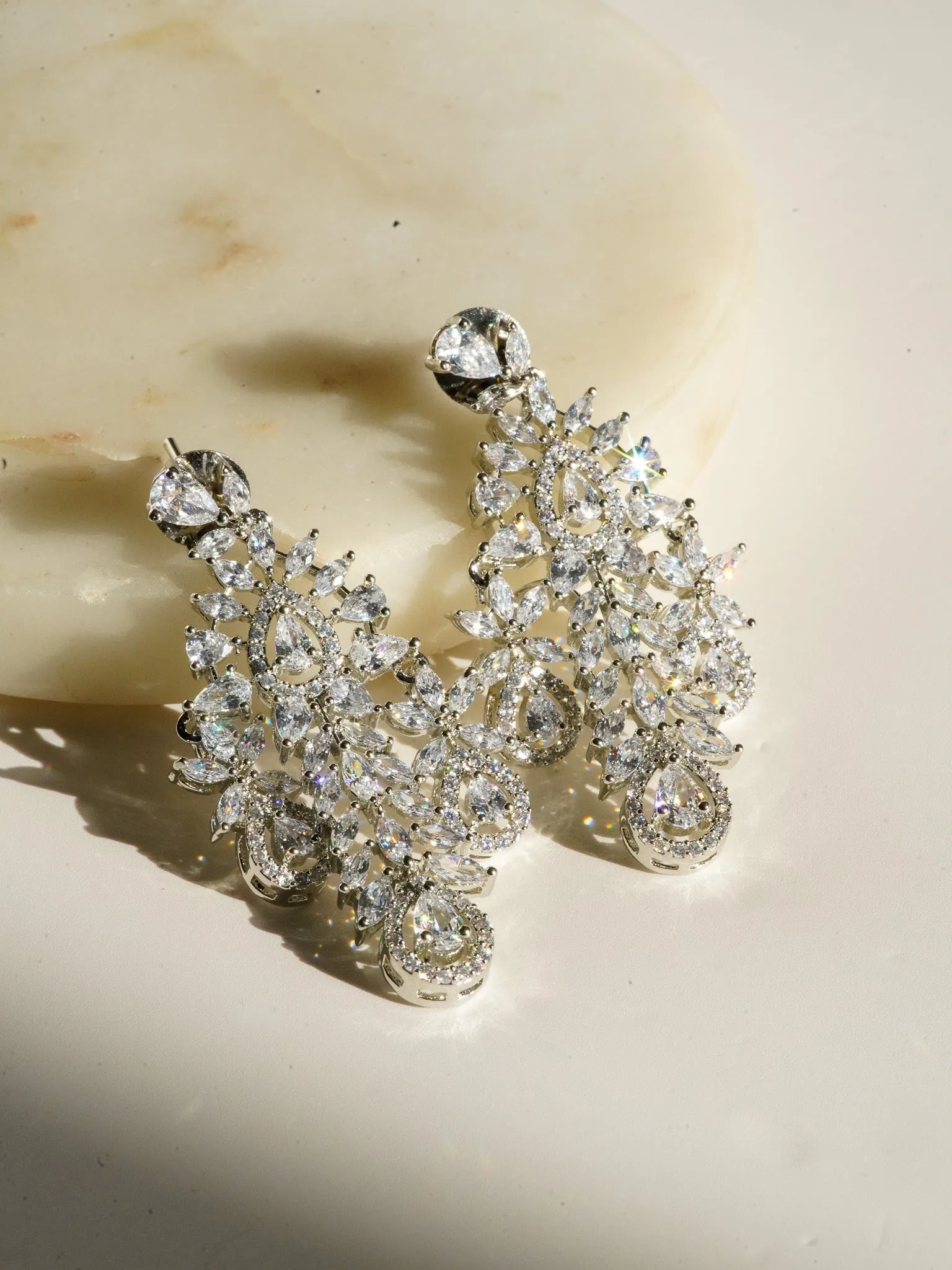 Nazia - Rhodium Plated Floral AD Necklace Set With Dangler Earrings
