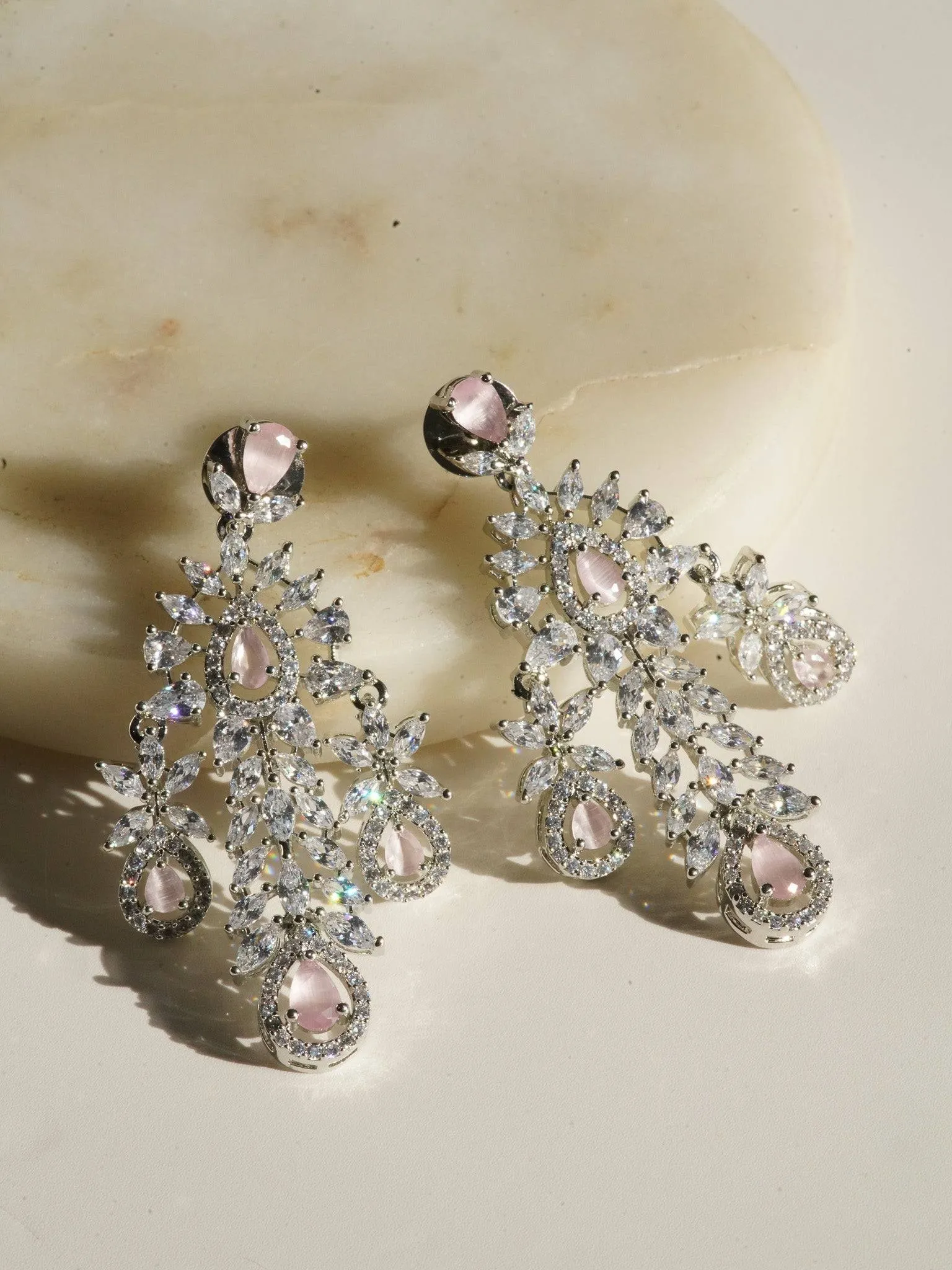 Nazia - Rhodium Plated Floral AD Necklace Set With Dangler Earrings