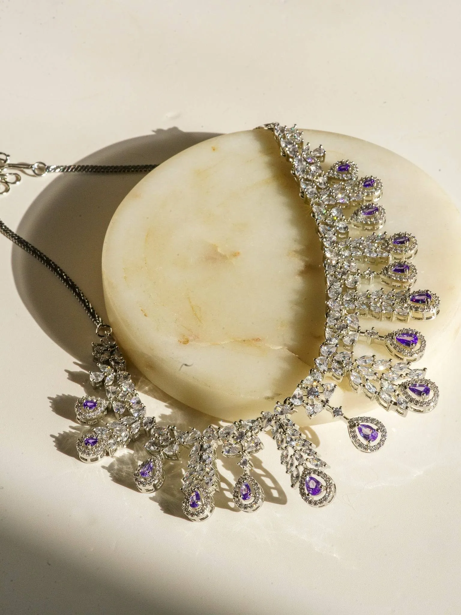 Nazia - Rhodium Plated Floral AD Necklace Set With Dangler Earrings