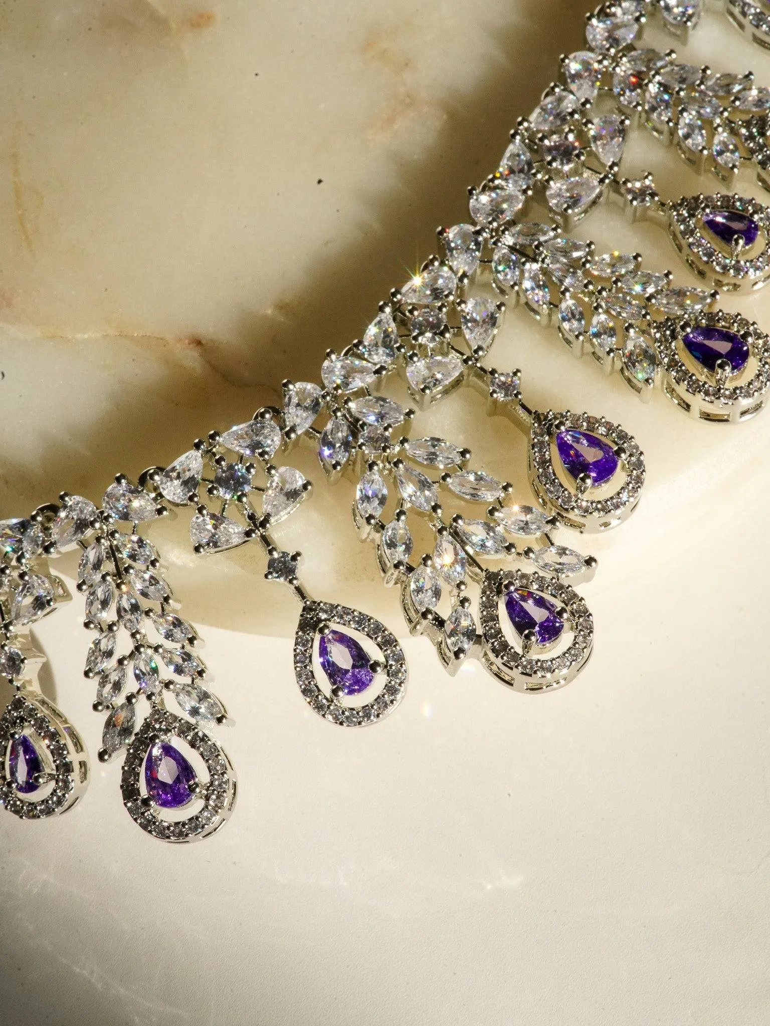 Nazia - Rhodium Plated Floral AD Necklace Set With Dangler Earrings
