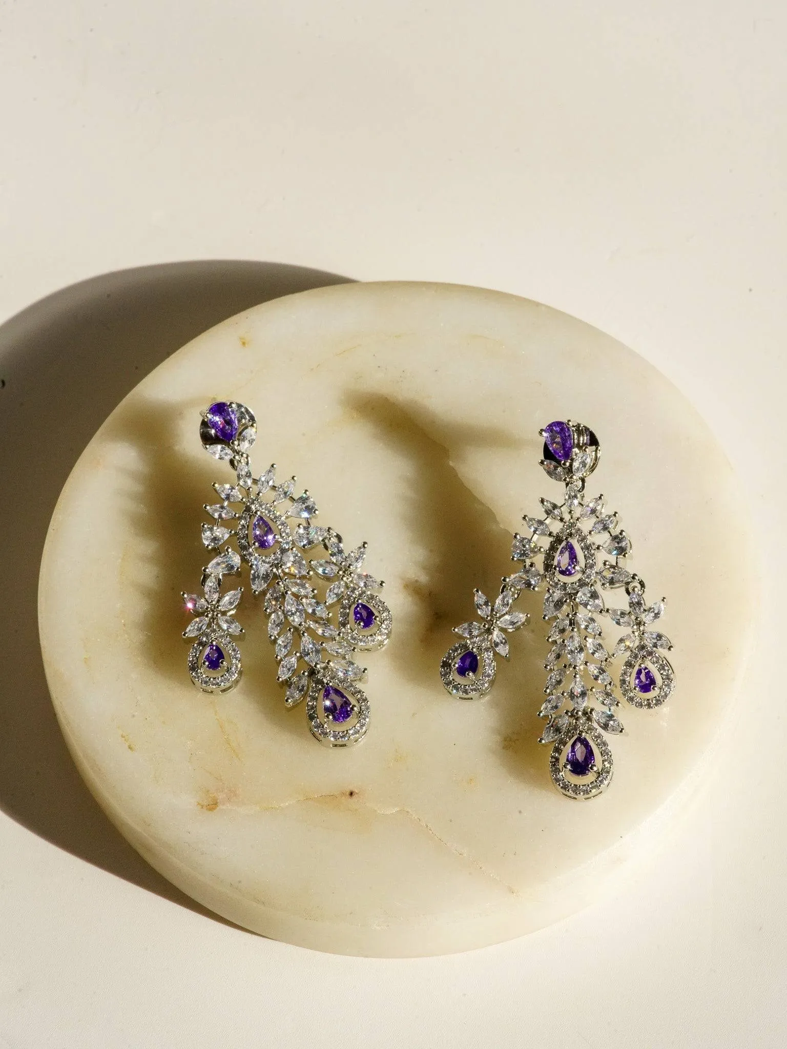 Nazia - Rhodium Plated Floral AD Necklace Set With Dangler Earrings