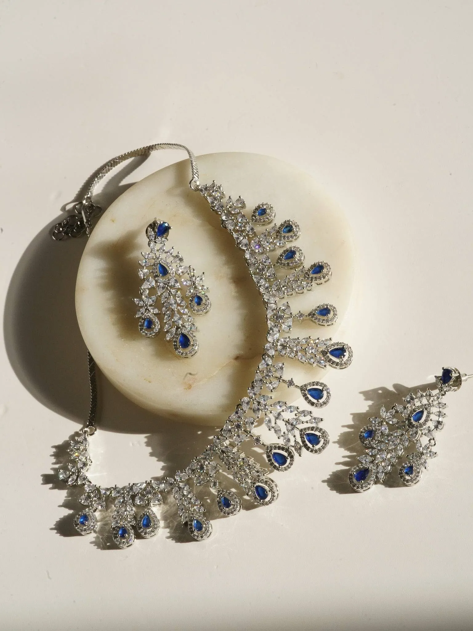 Nazia - Rhodium Plated Floral AD Necklace Set With Dangler Earrings