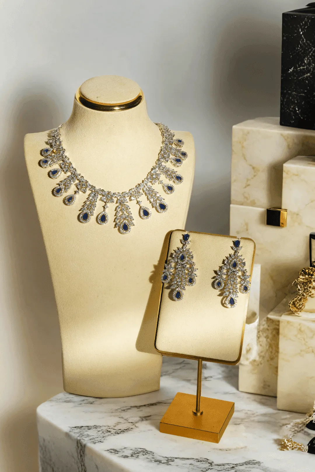 Nazia - Rhodium Plated Floral AD Necklace Set With Dangler Earrings