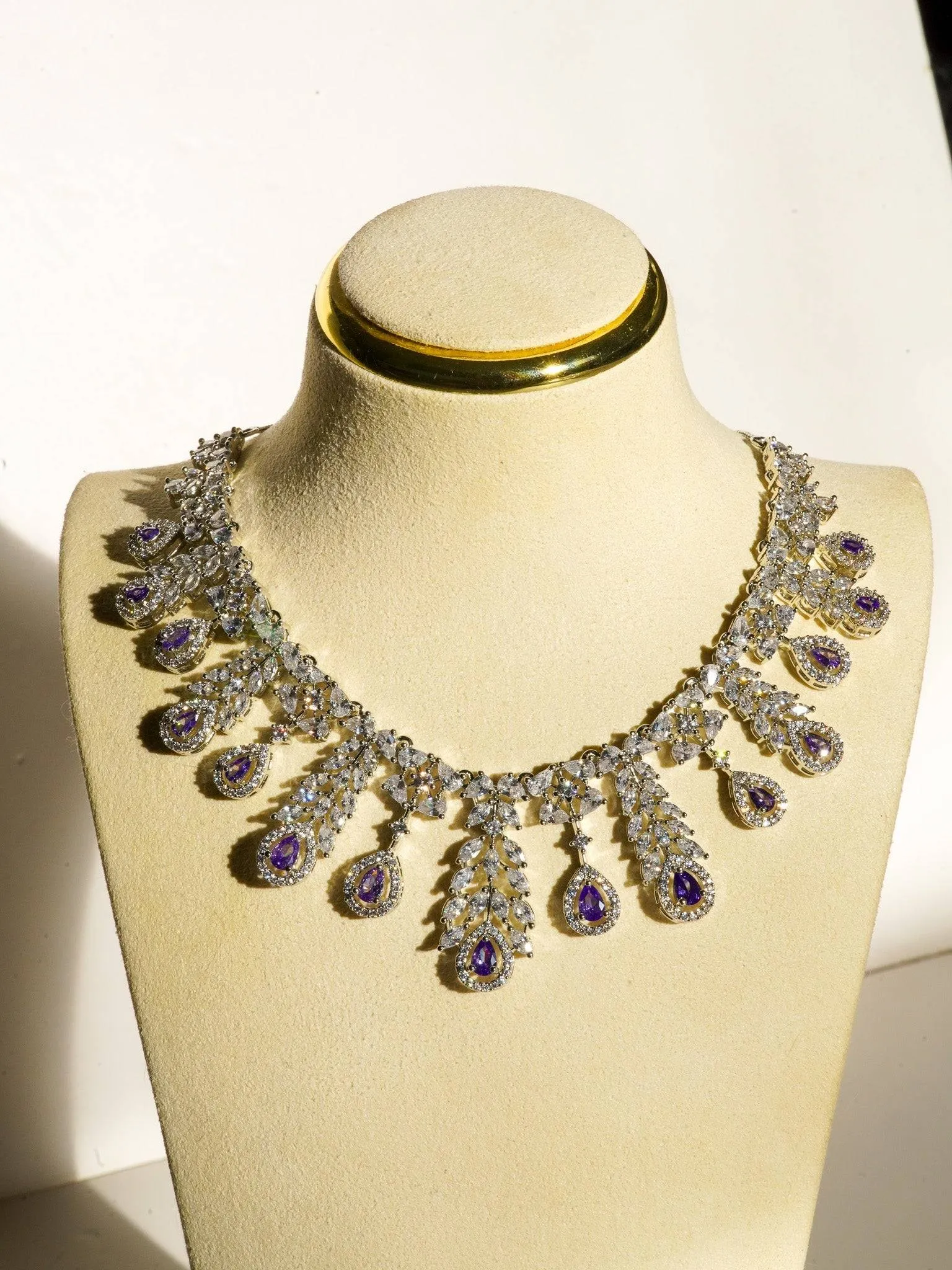 Nazia - Rhodium Plated Floral AD Necklace Set With Dangler Earrings