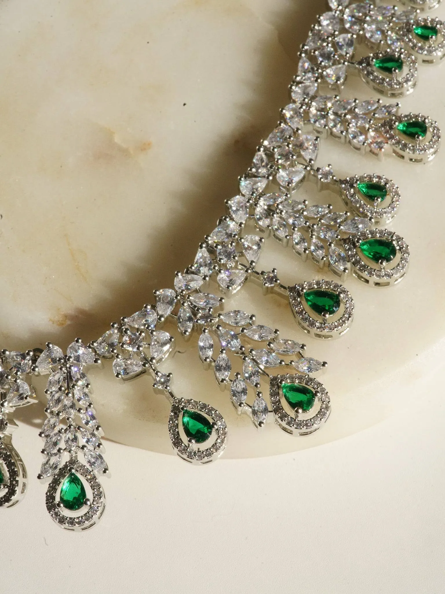 Nazia - Rhodium Plated Floral AD Necklace Set With Dangler Earrings