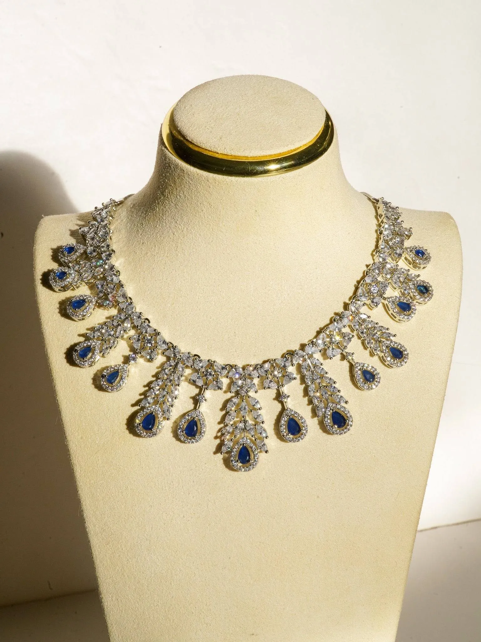 Nazia - Rhodium Plated Floral AD Necklace Set With Dangler Earrings