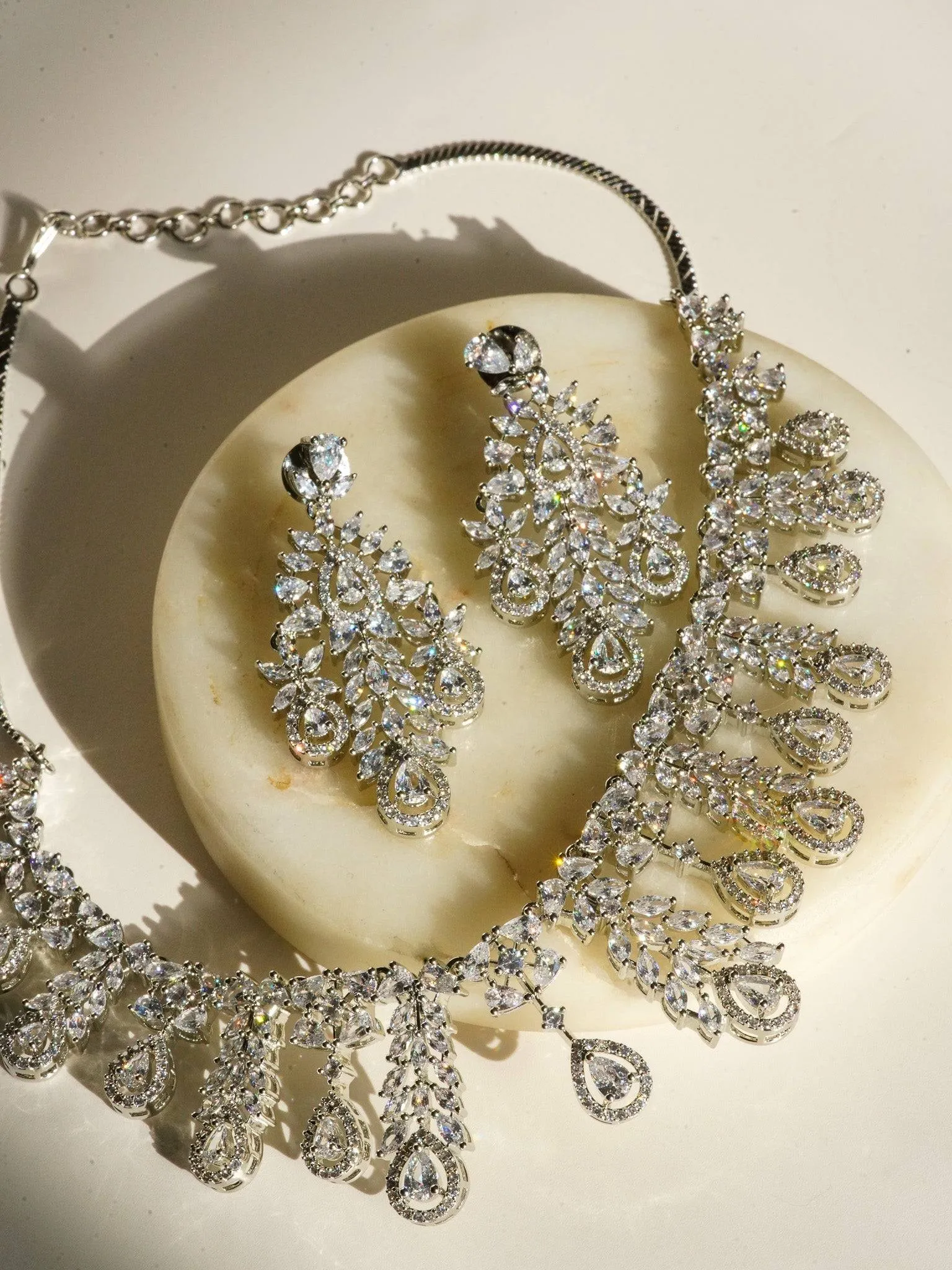 Nazia - Rhodium Plated Floral AD Necklace Set With Dangler Earrings