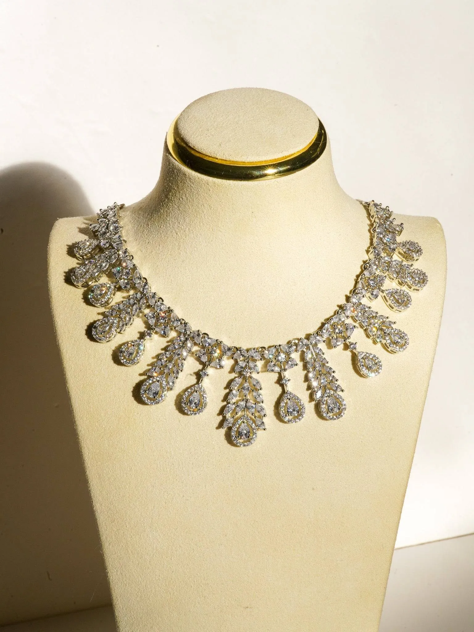 Nazia - Rhodium Plated Floral AD Necklace Set With Dangler Earrings